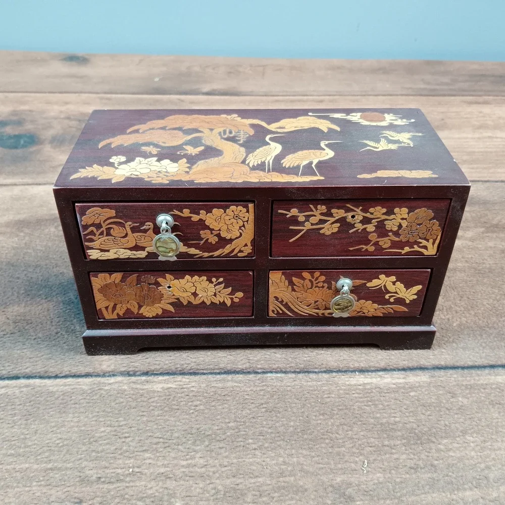 VTG MCM Asian Cherry Wood Carved Birds Abalone Shell Jewelry Box